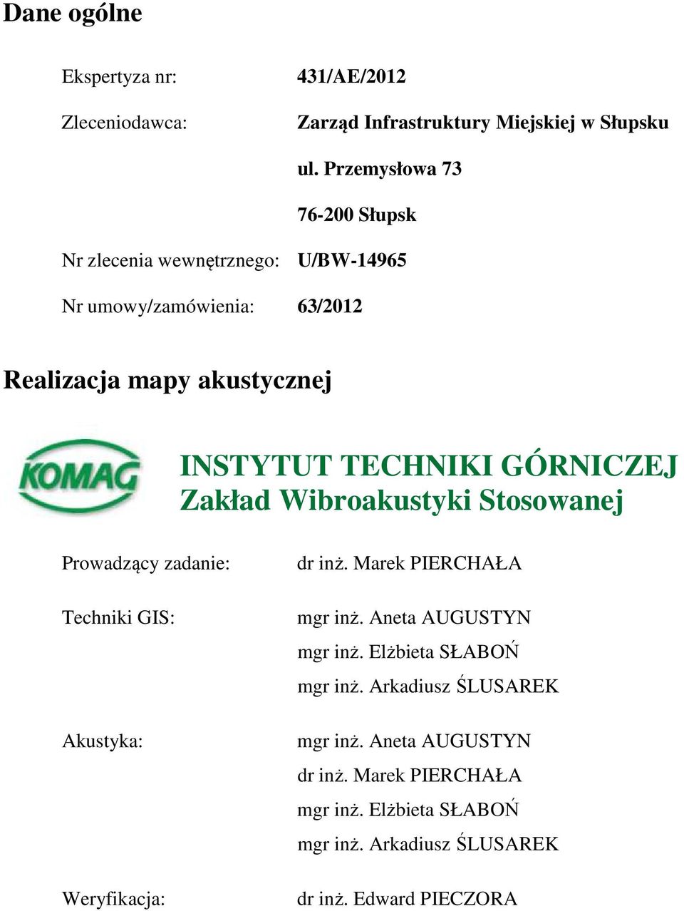 INSTYTUT TECHNIKI GÓRNICZEJ Prowadzący zadanie: Techniki GIS: Akustyka: Weryfikacja: dr inż. Marek PIERCHAŁA mgr inż.