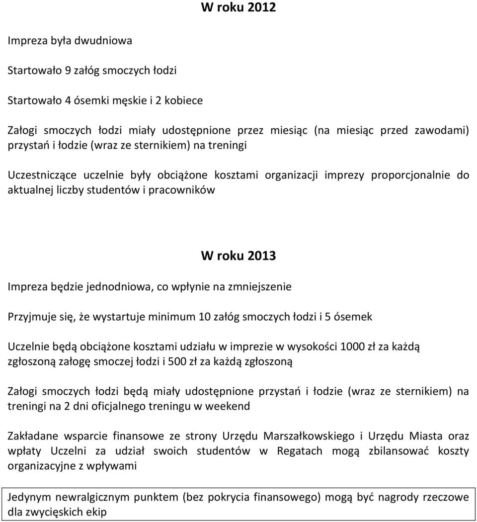 jednodniowa, co wpłynie na zmniejszenie Przyjmuje się, że wystartuje minimum 10 załóg smoczych łodzi i 5 ósemek Uczelnie będą obciążone kosztami udziału w imprezie w wysokości 1000 zł za każdą