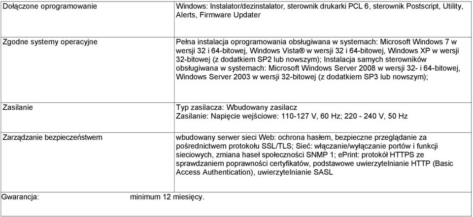 sterowników obsługiwana w systemach: Microsoft Windows Server 2008 w wersji 32- i 64-bitowej, Windows Server 2003 w wersji 32-bitowej (z dodatkiem SP3 lub nowszym); Zasilanie Zarządzanie