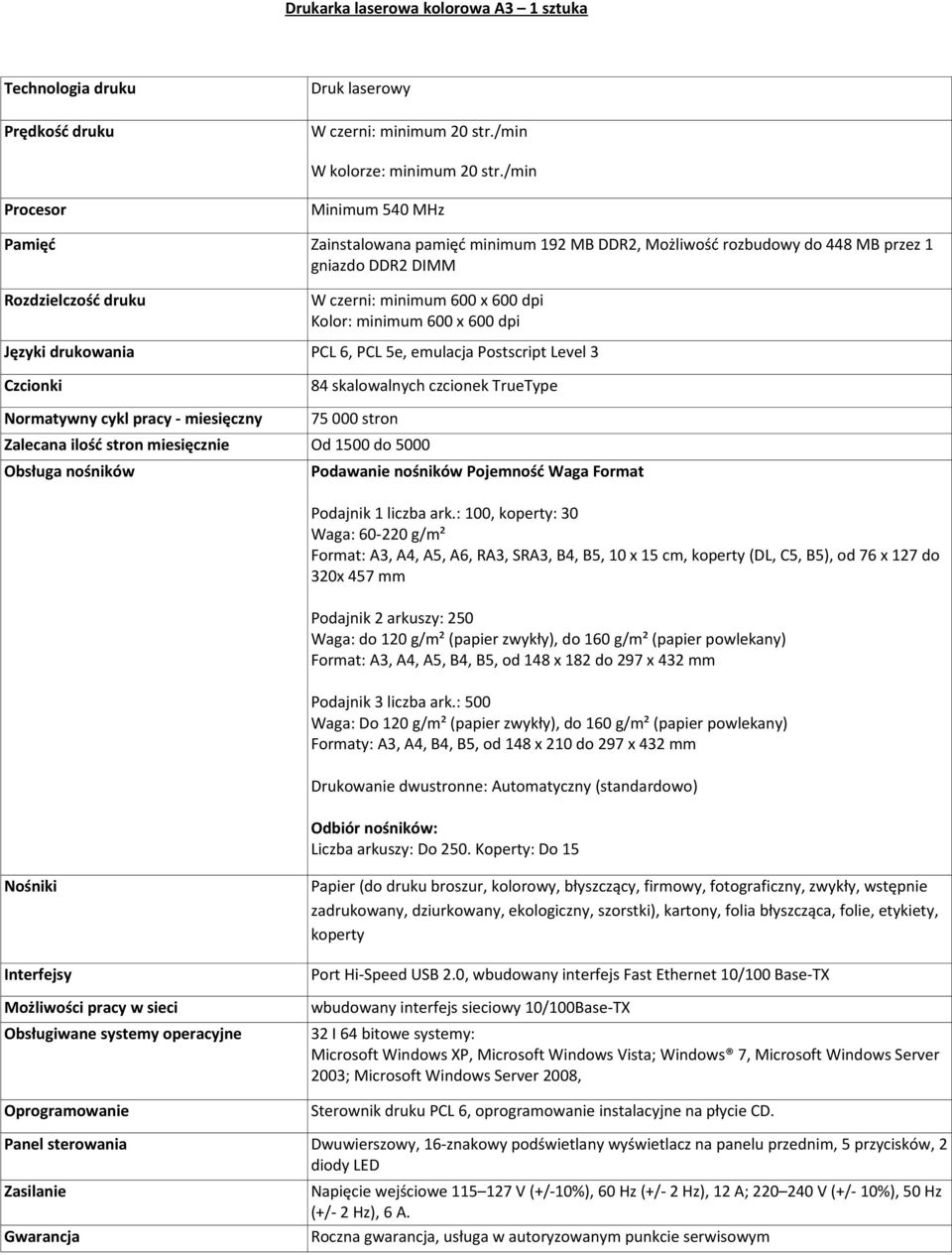 minimum 600 x 600 dpi Języki drukowania PCL 6, PCL 5e, emulacja Postscript Level 3 Normatywny cykl pracy - miesięczny 75 000 stron Zalecana ilość stron miesięcznie Od 1500 do 5000 Obsługa nośników