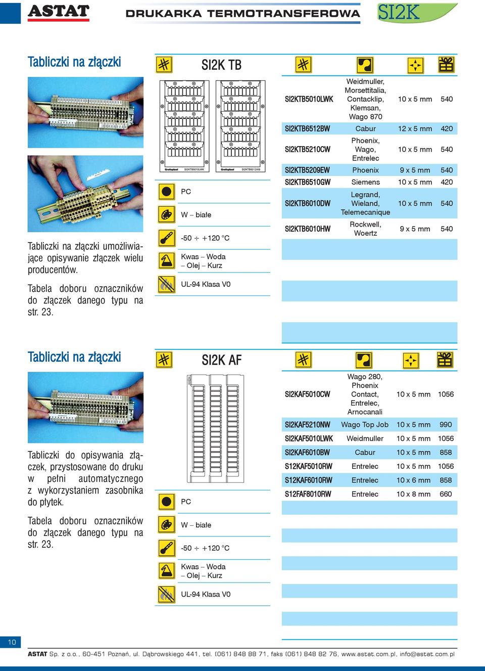 x 5 mm 540 SI2KTB5209EW Phoenix 9 x 5 mm 540 SI2KTB6510GW Siemens 10 x 5 mm 420 SI2KTB6010DW SI2KTB6010HW Legrand, Wieland, Telemecanique Rockwell, Woertz 10 x 5 mm 540 9 x 5 mm 540 Tabliczki na