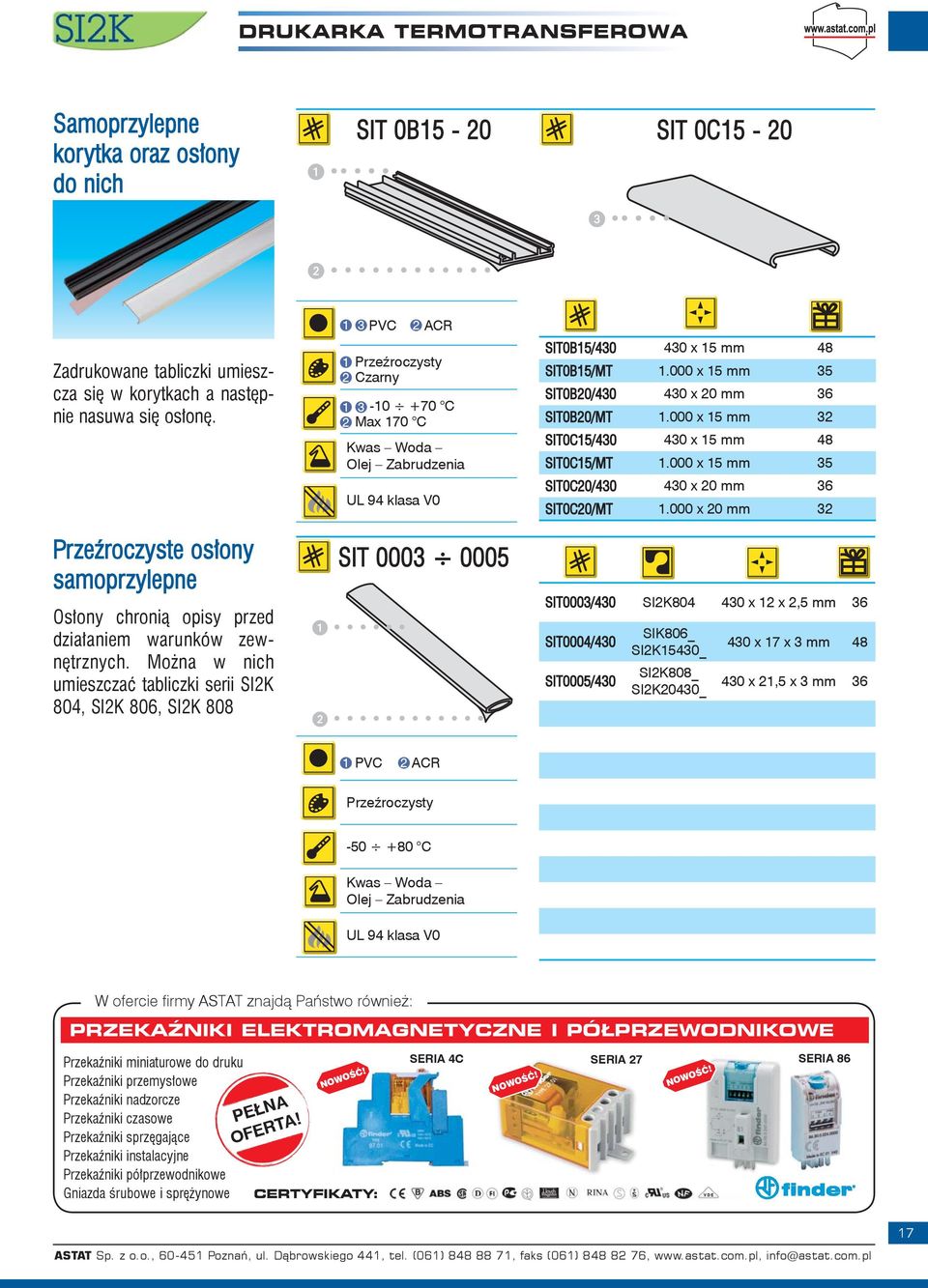 Można w nich umieszczać tabliczki serii SI2K 804, SI2K 806, SI2K 808 1 3 PVC 1 2 2 ACR Przeźroczysty Czarny 1 3-10 +70 C 2 Max 170 C Kwas Woda Olej Zabrudzenia UL 94 klasa V0 SIT 0003 0005