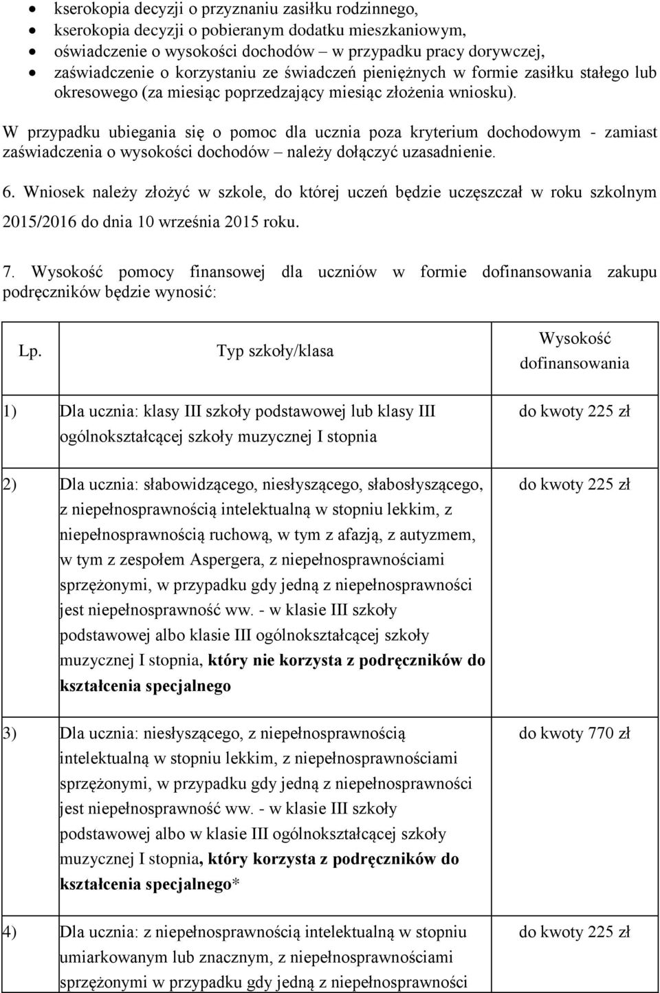 W przypadku ubiegania się o pomoc dla ucznia poza kryterium dochodowym - zamiast zaświadczenia o wysokości dochodów należy dołączyć uzasadnienie. 6.