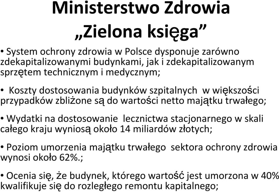 trwałego; Wydatki na dostosowanie lecznictwa stacjonarnego w skali całego kraju wyniosą około 14 miliardów złotych; Poziom umorzenia majątku