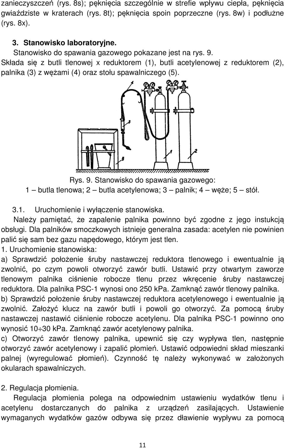 Składa się z butli tlenowej x reduktorem (1), butli acetylenowej z reduktorem (2), palnika (3) z wężami (4) oraz stołu spawalniczego (5). Rys. 9.