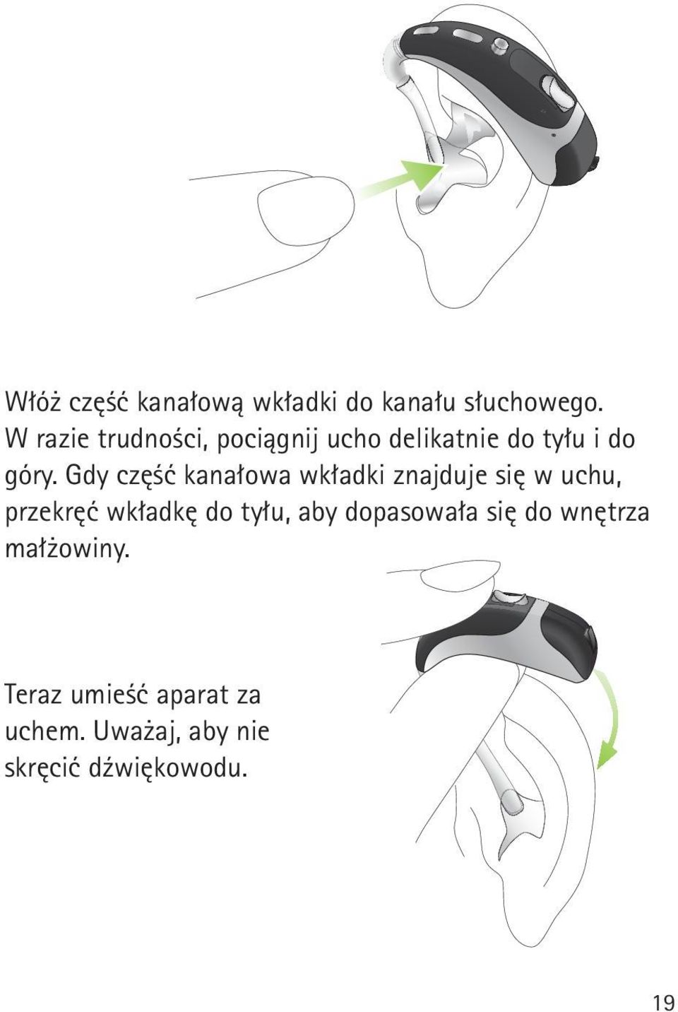 Gdy część kanałowa wkładki znajduje się w uchu, przekręć wkładkę do tyłu,