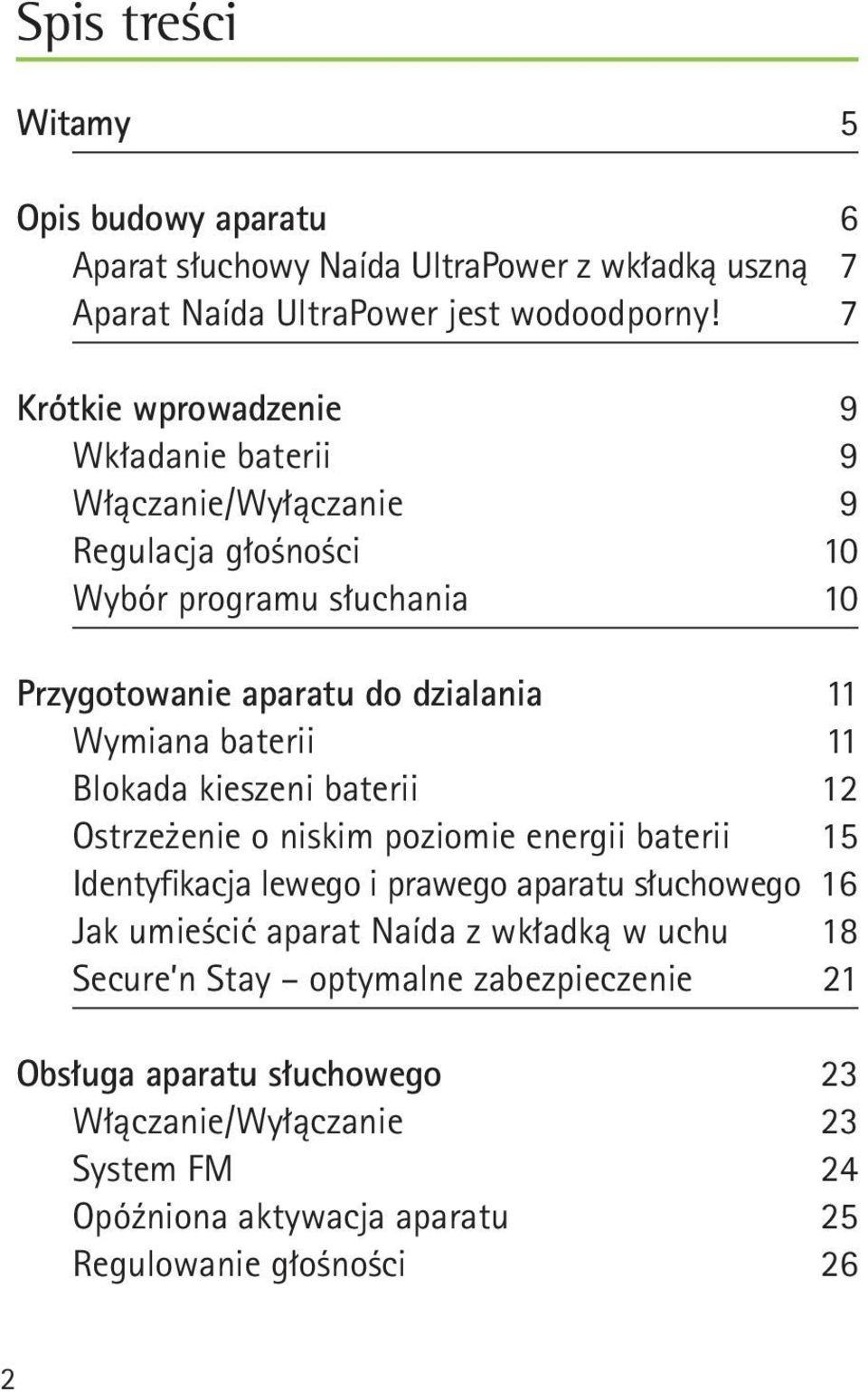 Wymiana baterii 11 Blokada kieszeni baterii 12 Ostrzeżenie o niskim poziomie energii baterii 15 Identyfikacja lewego i prawego aparatu słuchowego 16 Jak umieścić