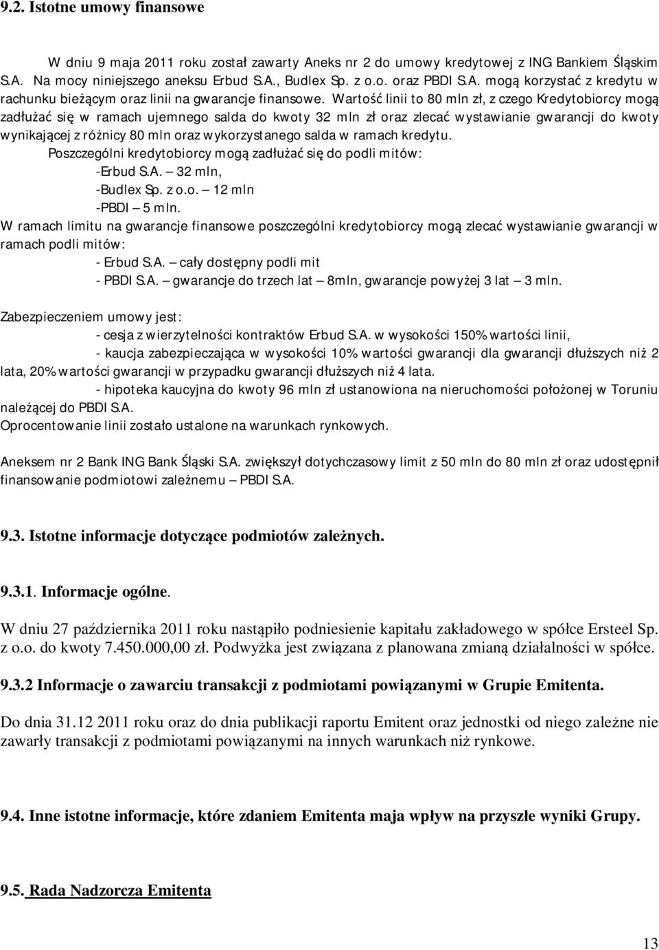Pszczególni kredytbircy mg zad si d pdli mitów: -Erbud S.A. 32 mln, -Budlex Sp. z.. 12 mln -PBDI 5 mln.