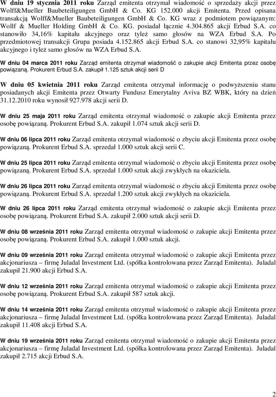 c stanwi 34,16% kapita u akcyjneg raz tyle sam g sów na WZA Erbud S.A. P przedmitwej transakcji Grupa psiada 4.152.865 akcji Erbud S.A. c stanwi 32,95% kapita u akcyjneg i tyle sam g sów na WZA Erbud S.