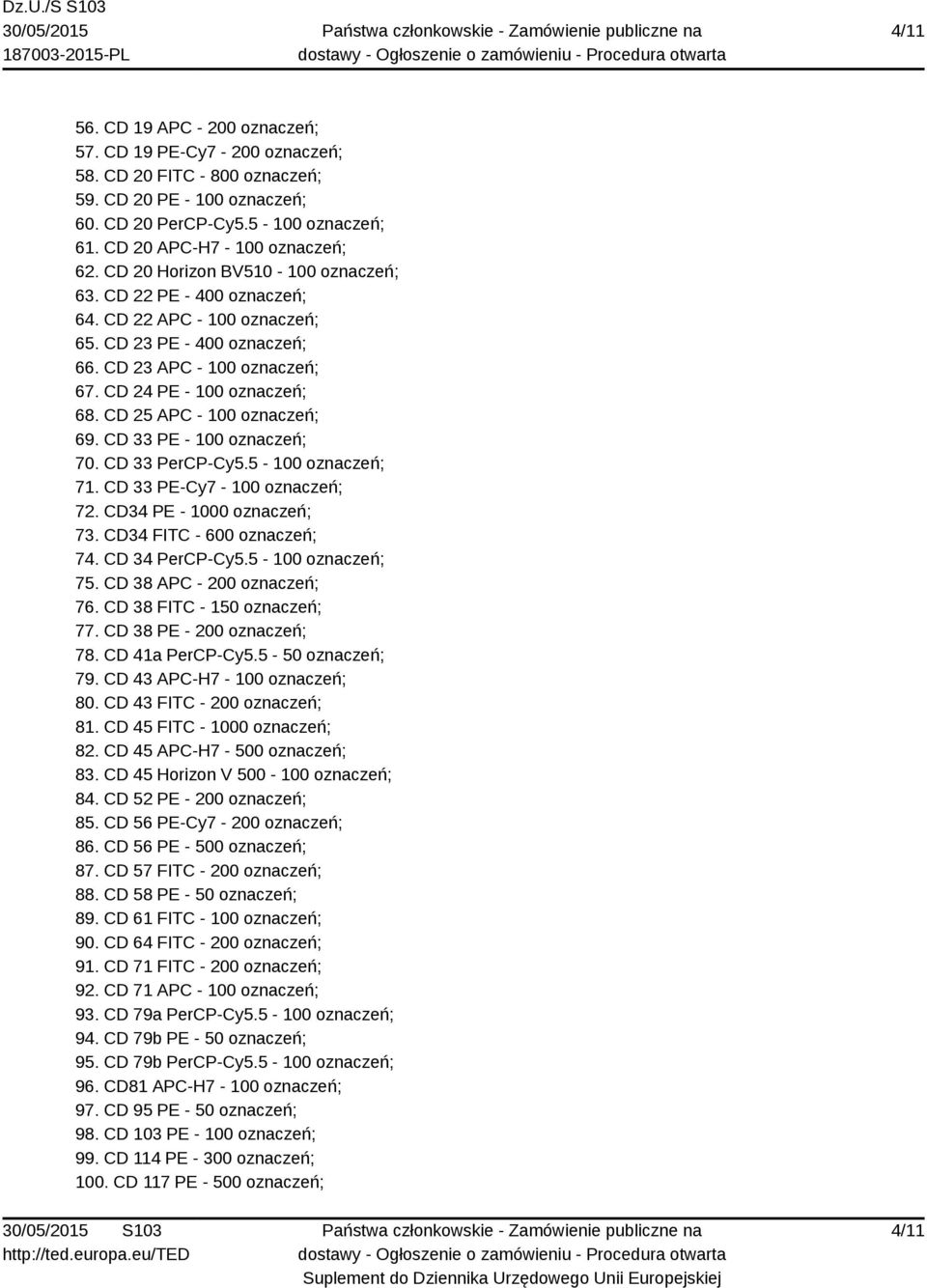 CD 25 APC - 100 oznaczeń; 69. CD 33 PE - 100 oznaczeń; 70. CD 33 PerCP-Cy5.5-100 oznaczeń; 71. CD 33 PE-Cy7-100 oznaczeń; 72. CD34 PE - 1000 oznaczeń; 73. CD34 FITC - 600 oznaczeń; 74.