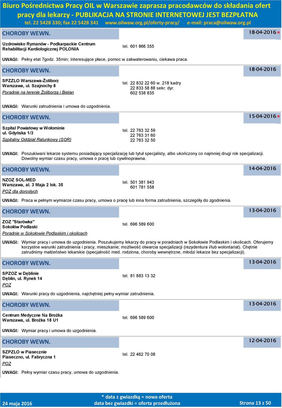 602 538 835 UWAGI: Warunki zatrudnienia i umowa do uzgodnienia. 15-04-2016 Szpital Powiatowy w Wołominie ul. Gdyńska 1/3 Szpitalny Oddział Ratunkowy (SOR) tel.