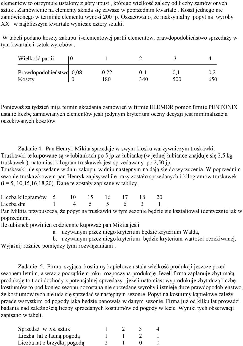 W tabeli podano koszty zakupu i-elementowej partii elementów, prawdopodobieństwo sprzedaży w tym kwartale i-sztuk wyrobów.