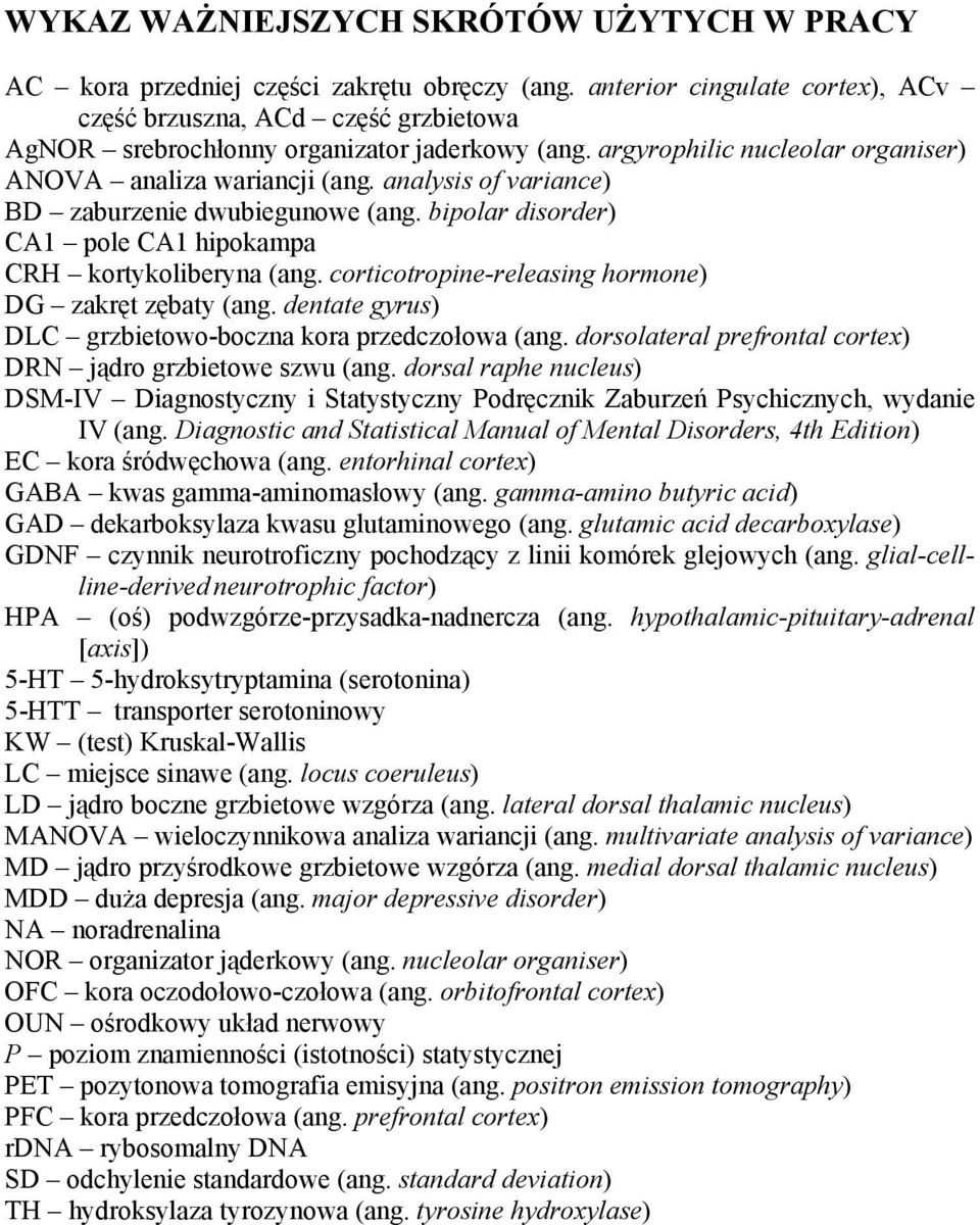 analysis of variance) BD zaburzenie dwubiegunowe (ang. bipolar disorder) CA1 pole CA1 hipokampa CRH kortykoliberyna (ang. corticotropine-releasing hormone) DG zakręt zębaty (ang.