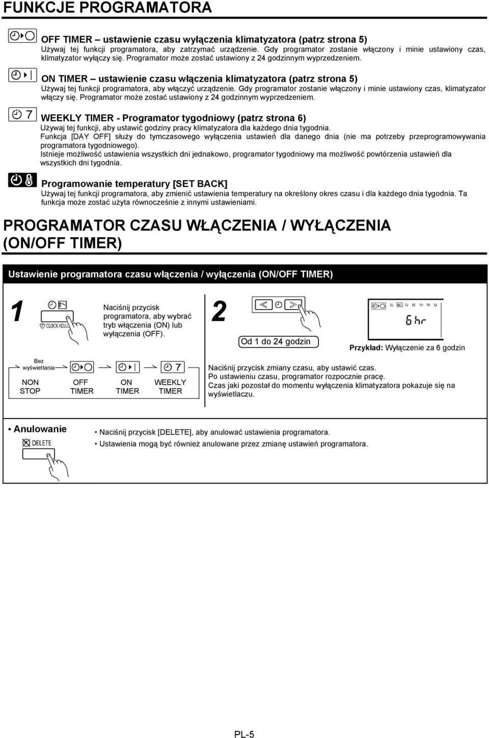 ON TIMER ustawienie czasu włączenia klimatyzatora (patrz strona 5) Używaj tej funkcji programatora, aby włączyć urządzenie.