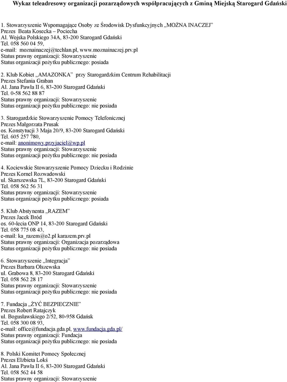 058 560 04 59, e-mail: moznainaczej@techlan.pl, www.moznainaczej.prv.pl 2. Klub Kobiet AMAZONKA przy Starogardzkim Centrum Rehabilitacji Prezes Stefania Graban Al.