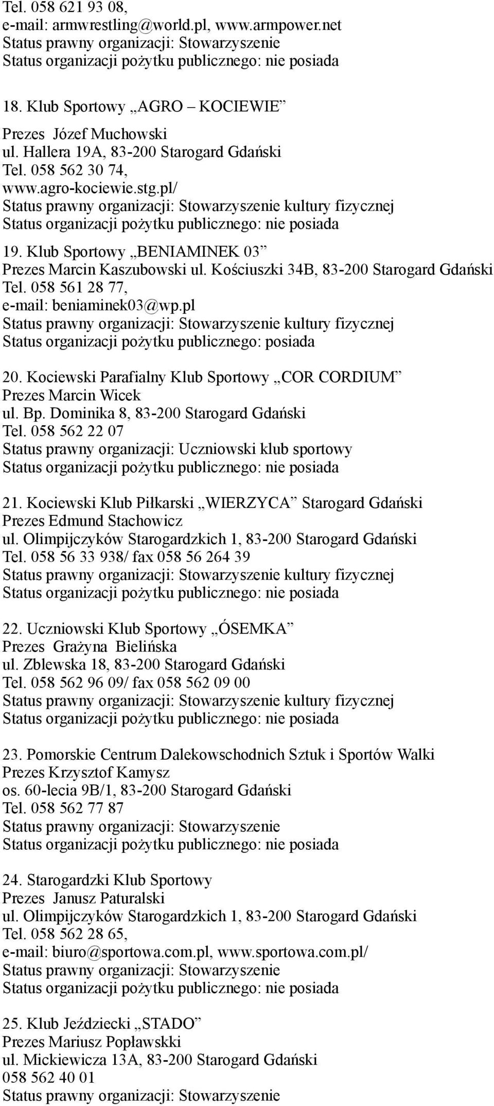 pl kultury fizycznej 20. Kociewski Parafialny Klub Sportowy COR CORDIUM Prezes Marcin Wicek ul. Bp. Dominika 8, 83-200 Starogard Gdański Tel.