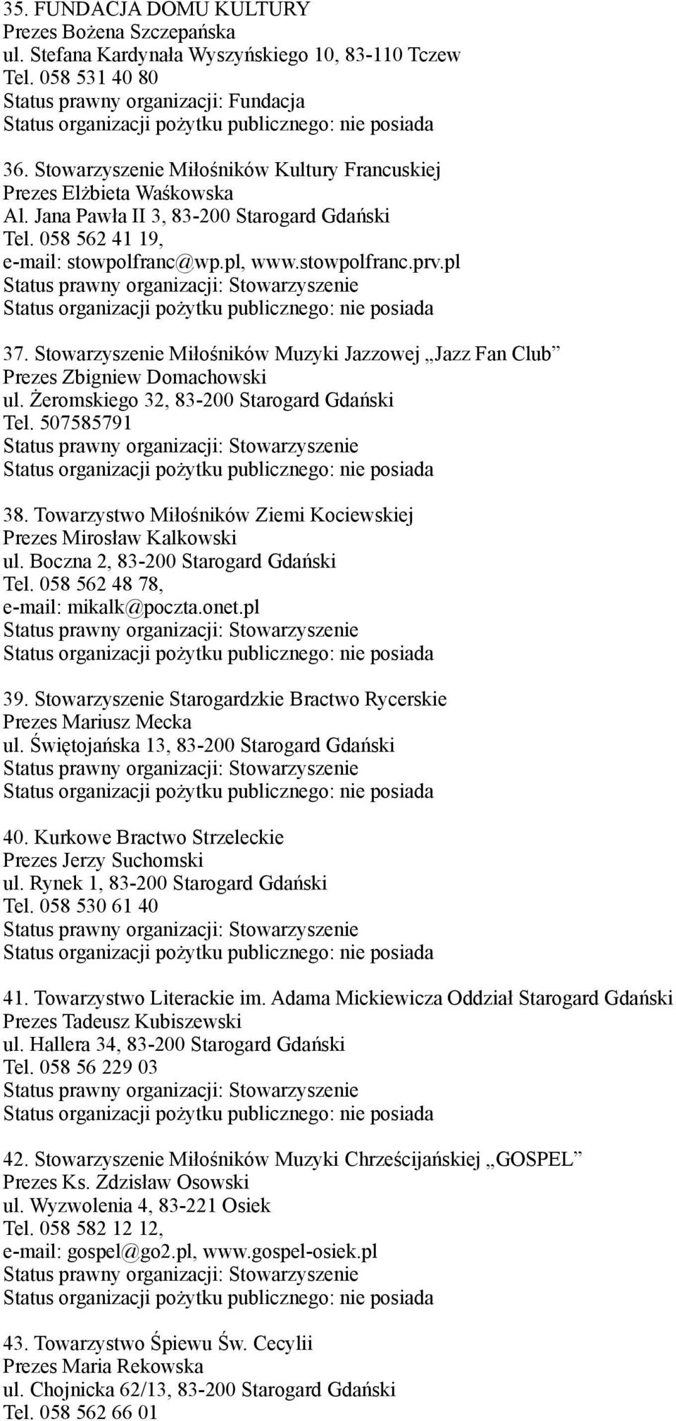 Stowarzyszenie Miłośników Muzyki Jazzowej Jazz Fan Club Prezes Zbigniew Domachowski ul. Żeromskiego 32, 83-200 Starogard Gdański Tel. 507585791 38.