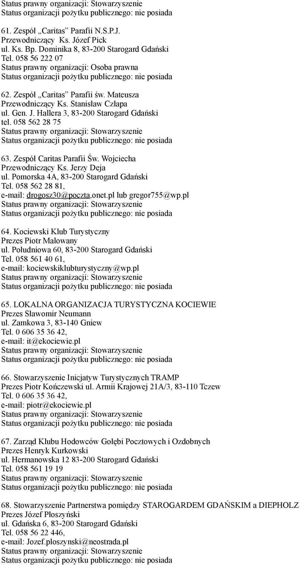 Jerzy Deja ul. Pomorska 4A, 83-200 Starogard Gdański Tel. 058 562 28 81, e-mail: drogosz30@poczta,onet.pl lub gregor755@wp.pl 64. Kociewski Klub Turystyczny Prezes Piotr Malowany ul.