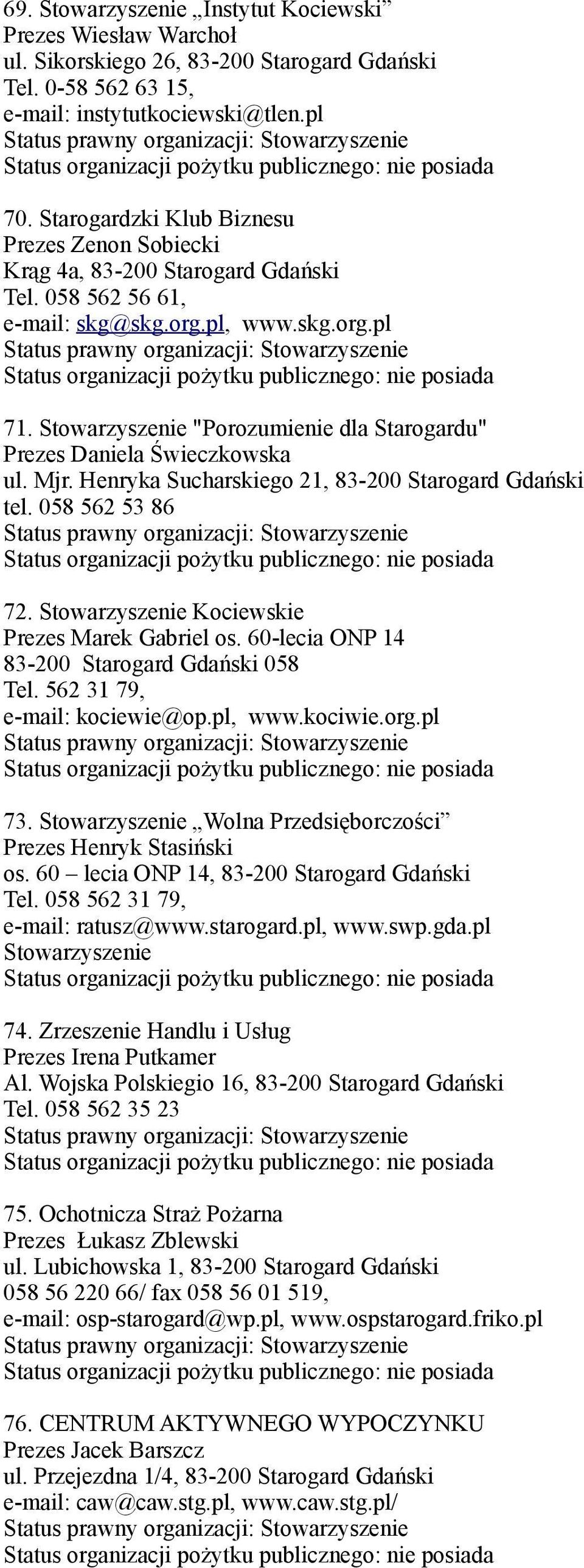 Stowarzyszenie "Porozumienie dla Starogardu" Prezes Daniela Świeczkowska ul. Mjr. Henryka Sucharskiego 21, 83-200 Starogard Gdański tel. 058 562 53 86 72.