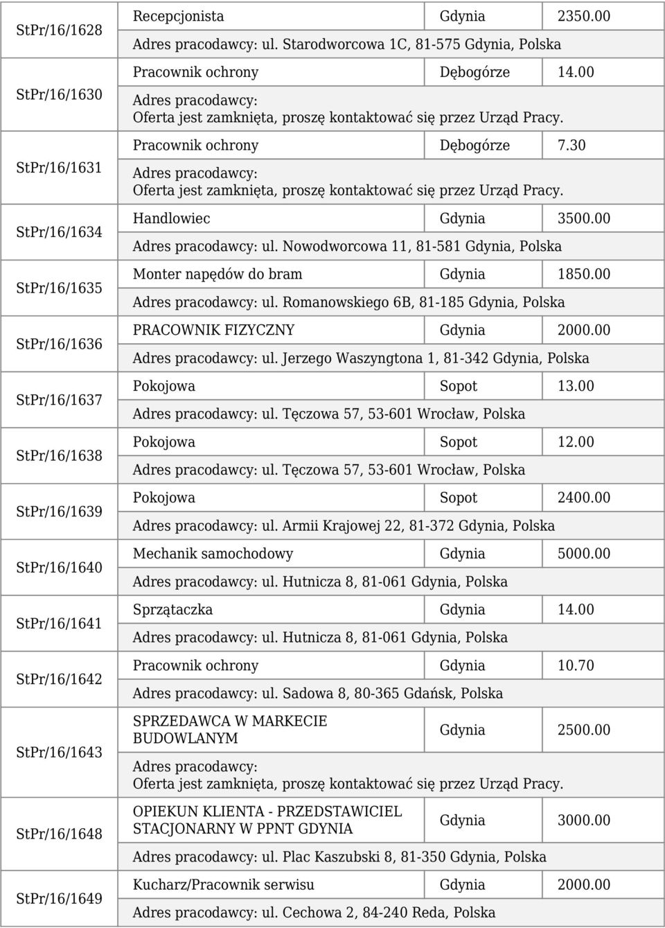 00 ul. Romanowskiego 6B, 81-185 Gdynia, Polska PRACOWNIK FIZYCZNY Gdynia 2000.00 ul. Jerzego Waszyngtona 1, 81-342 Gdynia, Polska Pokojowa Sopot 13.00 ul. Tęczowa 57, 53-601 Wrocław, Polska Pokojowa Sopot 12.