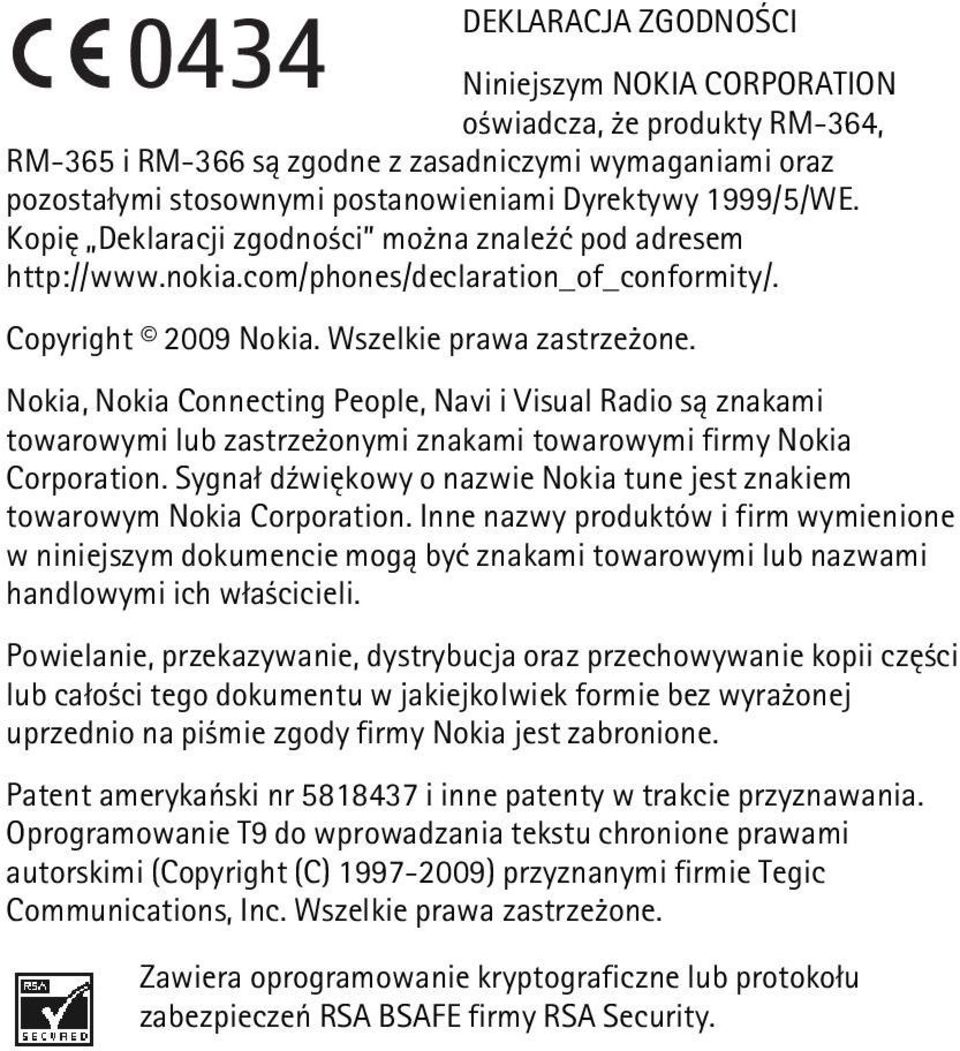 Nokia, Nokia Connecting People, Navi i Visual Radio s± znakami towarowymi lub zastrze onymi znakami towarowymi firmy Nokia Corporation.