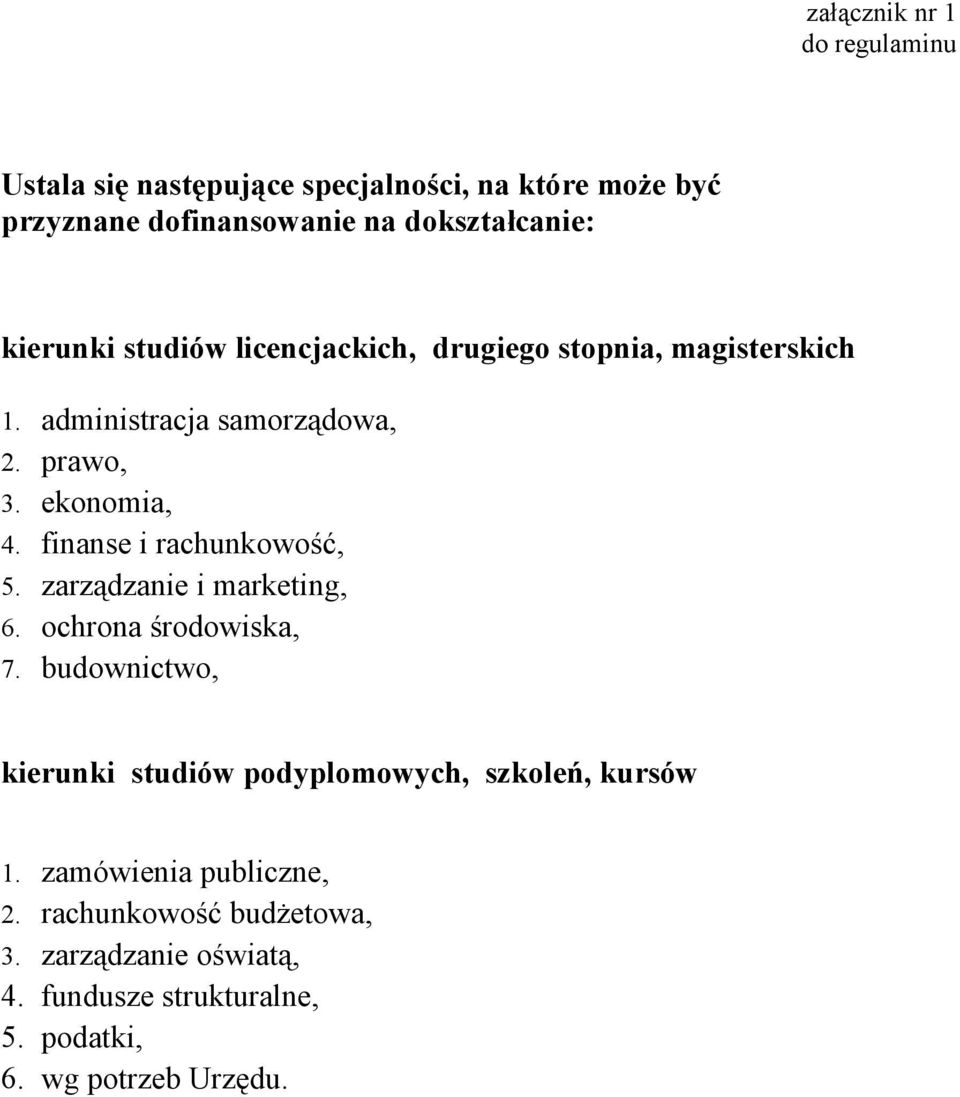 finanse i rachunkowość, 5. zarządzanie i marketing, 6. ochrona środowiska, 7.