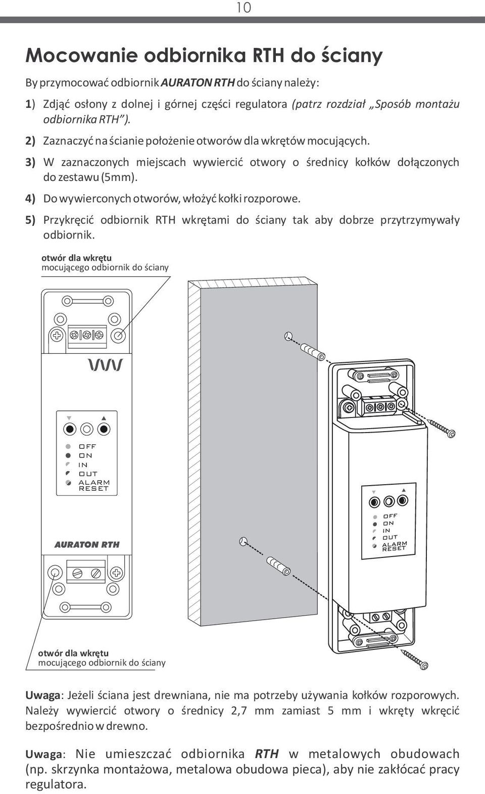 4) Do wywierconych otworów, włożyć kołki rozporowe. 5) Przykręcić odbiornik RTH wkrętami do ściany tak aby dobrze przytrzymywały odbiornik.