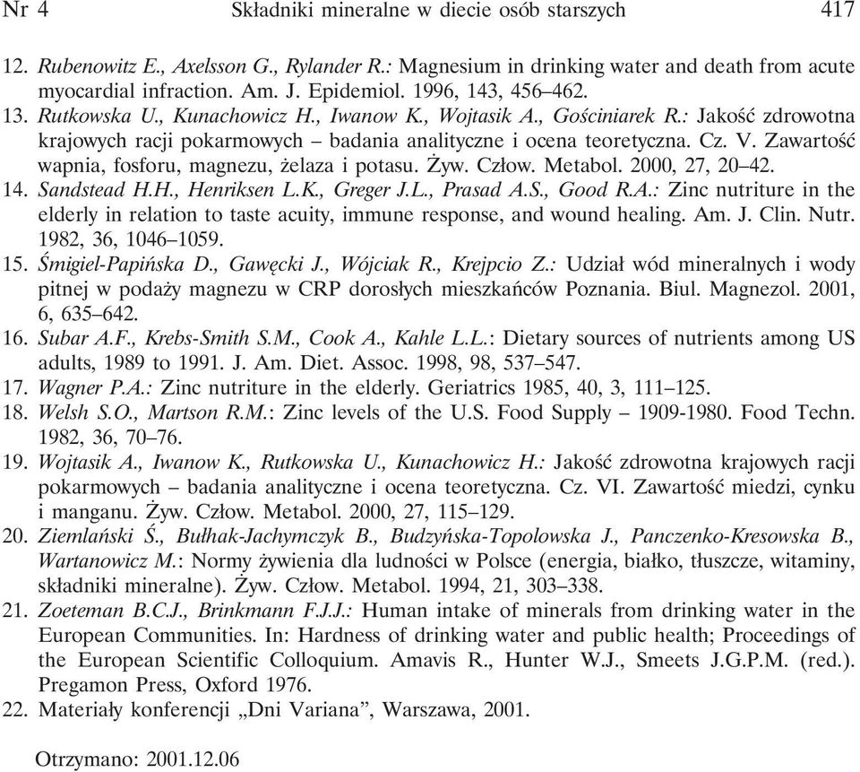 Zawartość wapnia, fosforu, magnezu, żelaza i potasu. Żyw. Człow. Metabol. 2000, 27, 20 42. 14. Sandstead H.H., Henriksen L.K., Greger J.L., Prasad A.