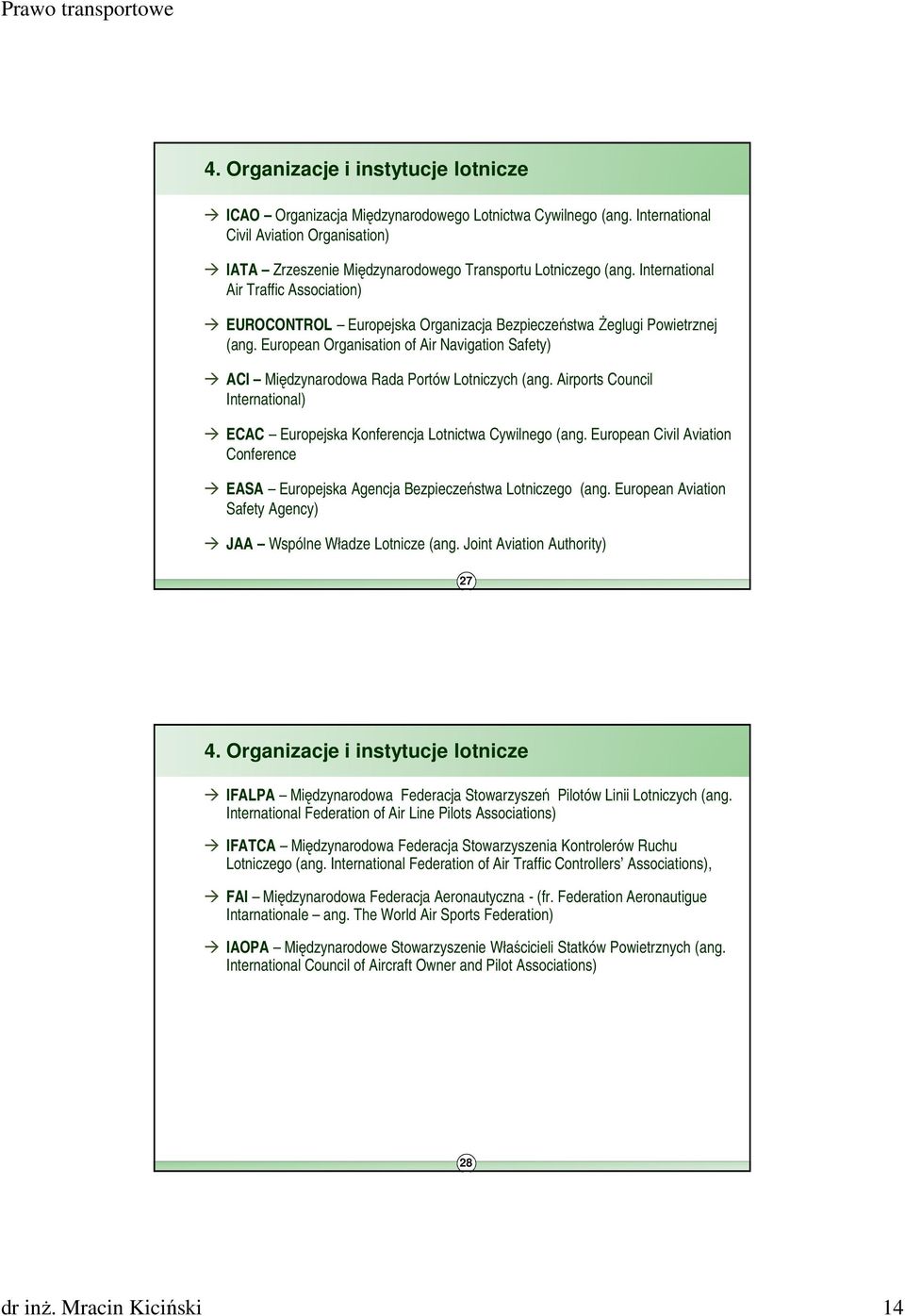 European Organisation of Air Navigation Safety) ACI Międzynarodowa Rada Portów Lotniczych (ang. Airports Council International) ECAC Europejska Konferencja Lotnictwa Cywilnego (ang.
