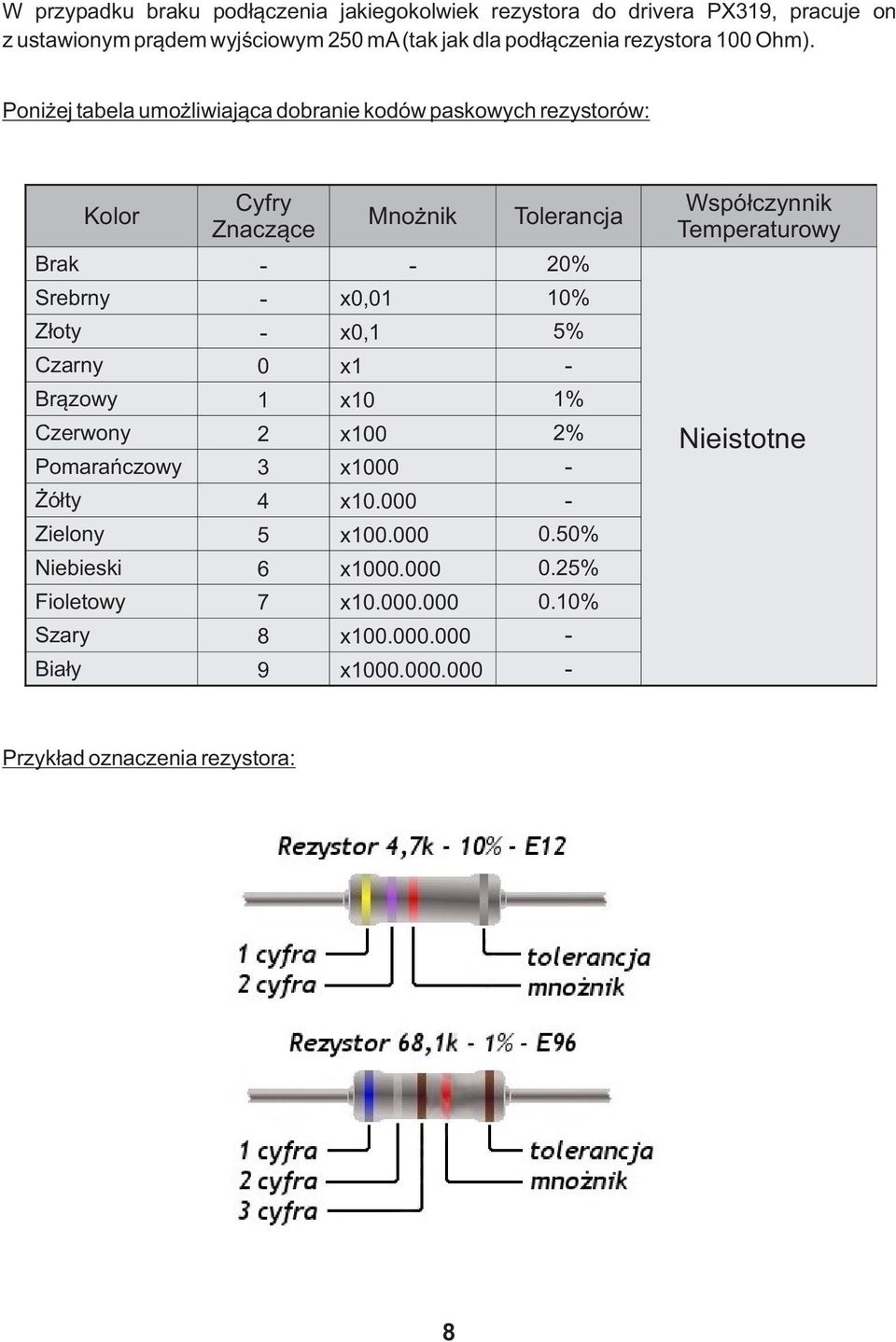 Poniżej tabela umożliwiająca dobranie kodów paskowych rezystorów: Kolor Cyfry Znaczące Mnożnik Tolerancja Brak - - 20% Srebrny - x0,01 10% Złoty - x0,1