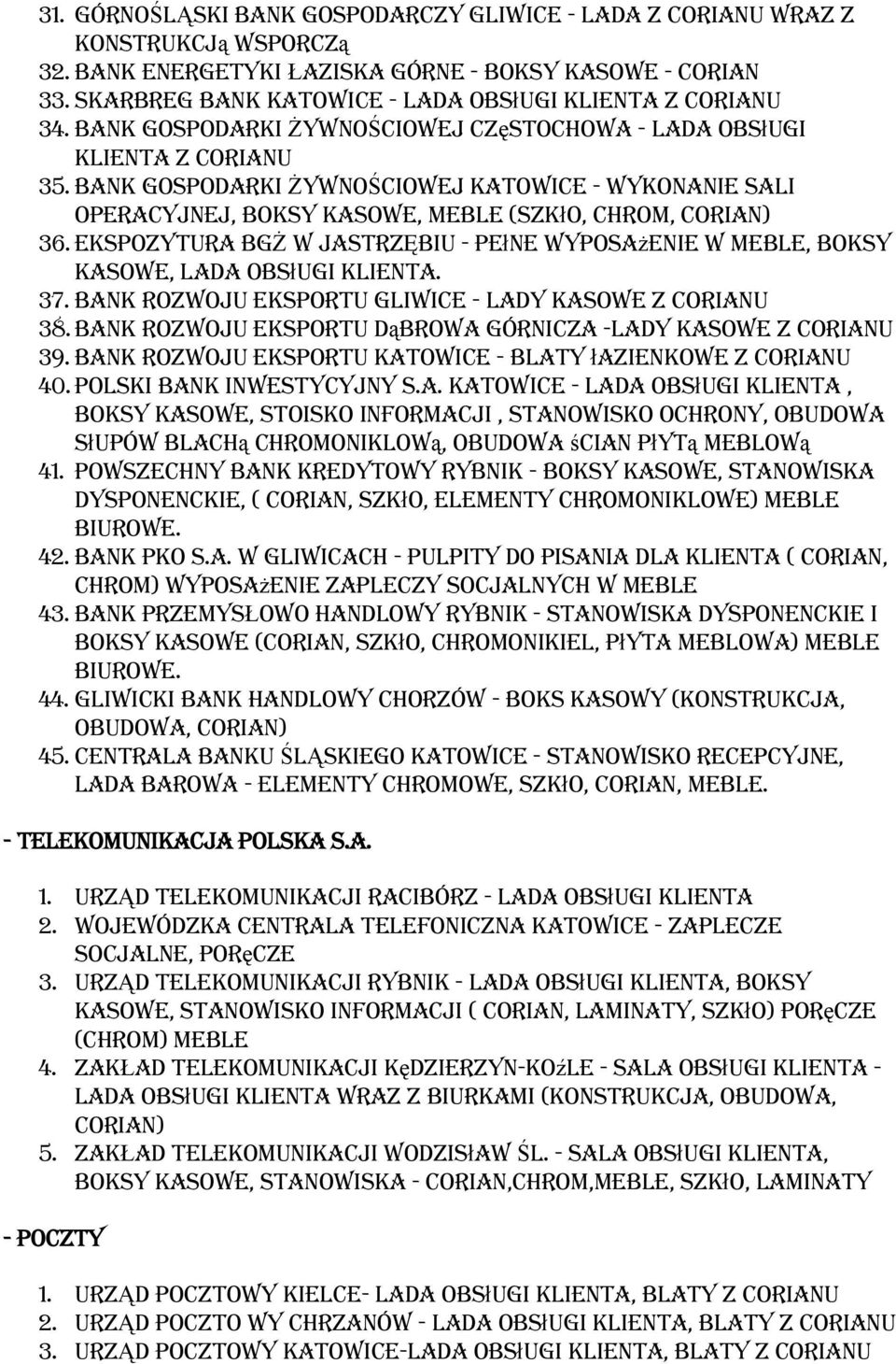 EKSPOZYTURA BGŻ W JASTRZĘBIU - pełne wyposażenie w meble, boksy kasowe, lada obsługi klienta. 37. BANK ROZWOJU EKSPORTU Gliwice - lady kasowe z 38.