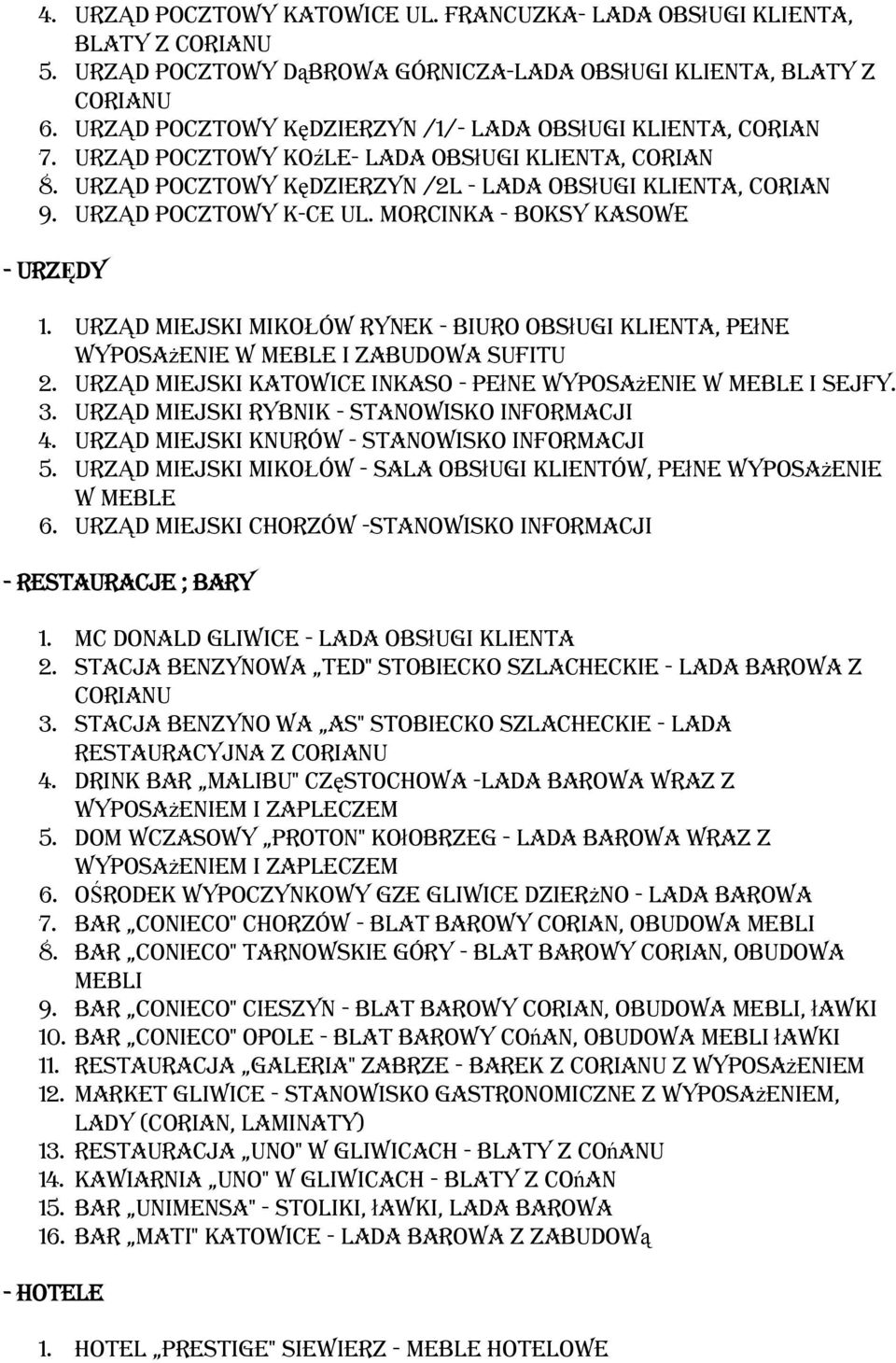 URZĄD POCZTOWY K-ce ul. Morcinka - boksy kasowe - URZĘDY 1. URZĄD MIEJSKI MIKOŁÓW Rynek - biuro obsługi klienta, pełne wyposażenie w meble i zabudowa sufitu 2.