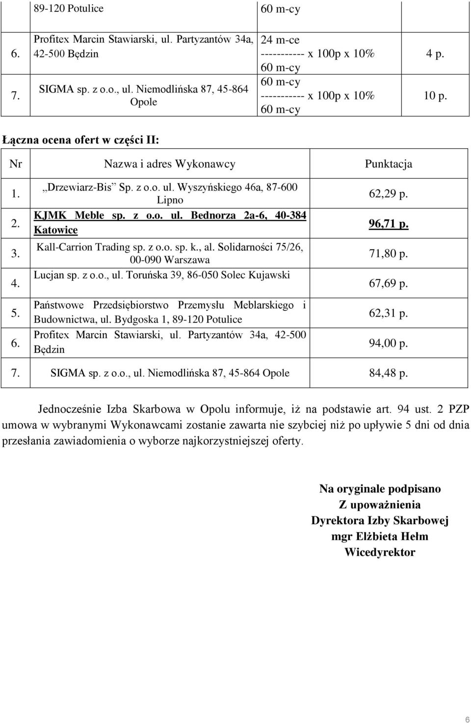 71,80 p. 67,69 p. 62,31 p. 94,00 p. 84,48 p. Jednocześnie Izba Skarbowa w Opolu informuje, iż na podstawie art. 94 ust.