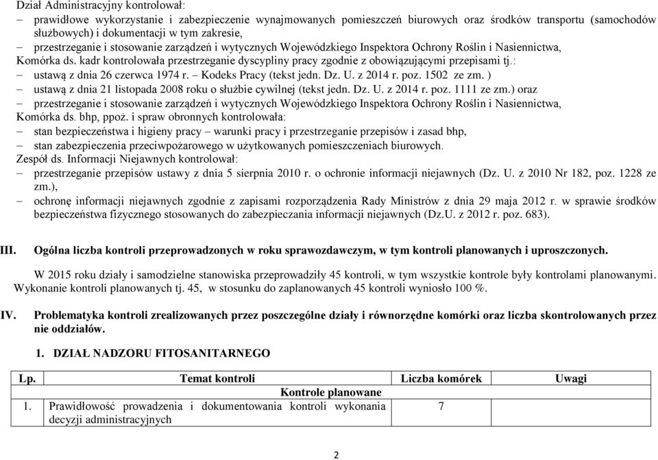 kadr kontrolowała przestrzeganie dyscypliny pracy zgodnie z obowiązującymi przepisami tj.: ustawą z dnia 26 czerwca 1974 r. Kodeks Pracy (tekst jedn. Dz. U. z 2014 r. poz. 1502 ze zm.