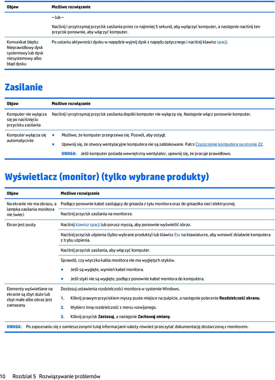 Zasilanie Objaw Komputer nie wyłącza się po naciśnięciu przycisku zasilania Komputer wyłącza się automatycznie Możliwe rozwiązanie Naciśnij i przytrzymaj przycisk zasilania dopóki komputer nie