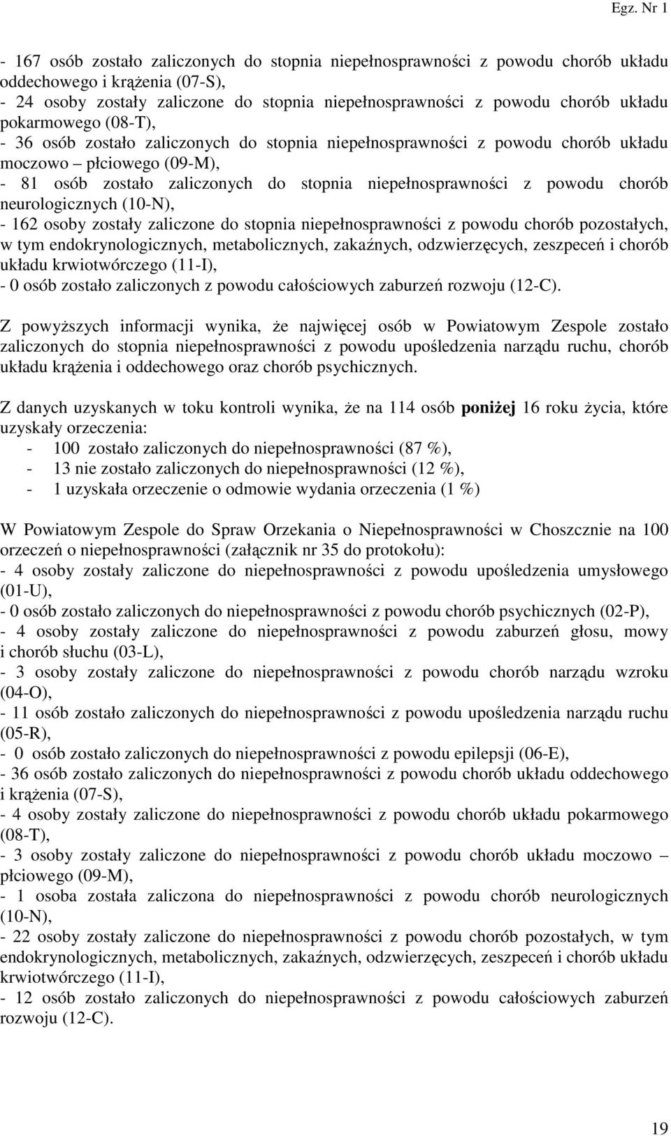 chorób neurologicznych (10-N), - 162 osoby zostały zaliczone do stopnia niepełnosprawności z powodu chorób pozostałych, w tym endokrynologicznych, metabolicznych, zakaźnych, odzwierzęcych, zeszpeceń