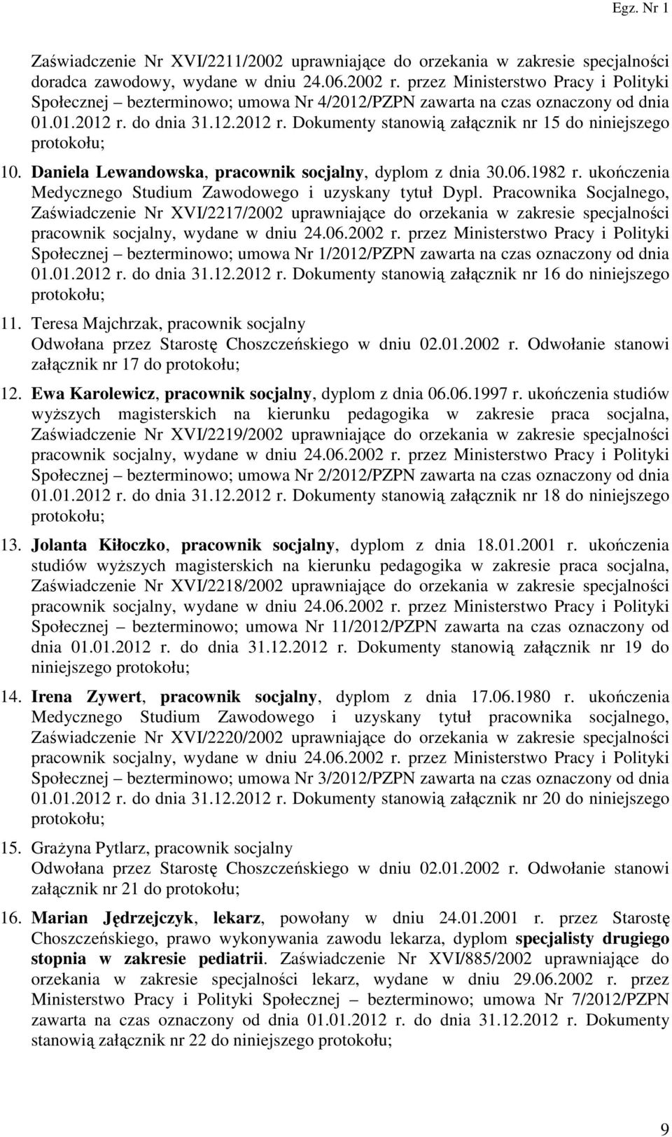 Daniela Lewandowska, pracownik socjalny, dyplom z dnia 30.06.1982 r. ukończenia Medycznego Studium Zawodowego i uzyskany tytuł Dypl.