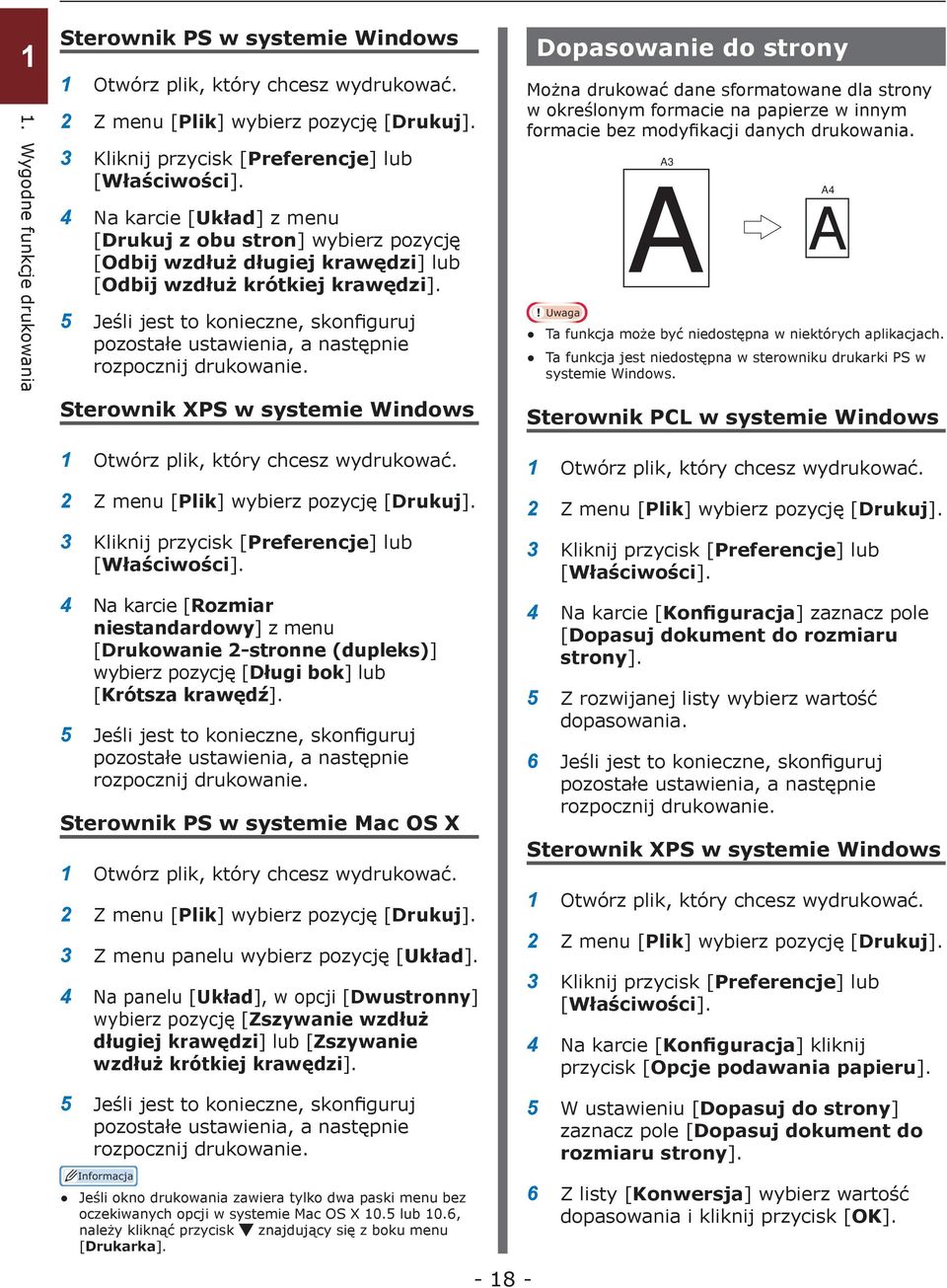 Sterownik XPS w systemie Windows 2 Z menu [Plik] wybierz pozycję 4 Na karcie [Rozmiar niestandardowy] z menu [Drukowanie 2-stronne (dupleks)] wybierz pozycję [Długi bok] lub [Krótsza krawędź].