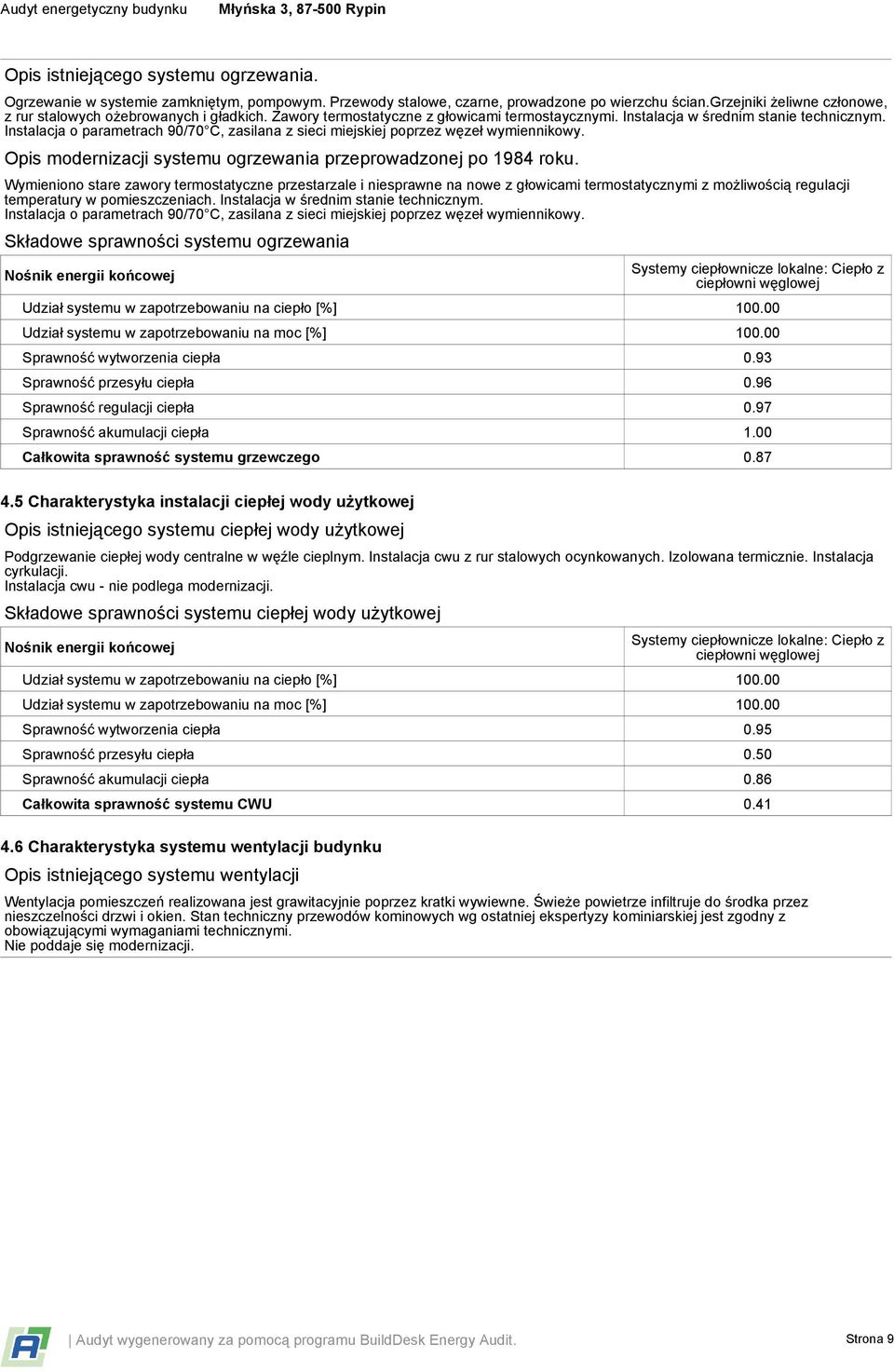 Instalacja o parametrach 90/70 C, zasilana z sieci miejskiej poprzez węzeł wymiennikowy. Opis modernizacji systemu ogrzewania przeprowadzonej po 1984 roku.