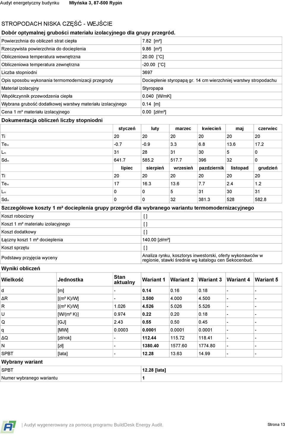 86 [m²] Liczba stopniodni 3697 Opis sposobu wykonania termomodernizacji przegrody Materiał izolacyjny przewodzenia ciepła Wybrana grubość dodatkowej warstwy materiału izolacyjnego Cena 1 m³ materiału