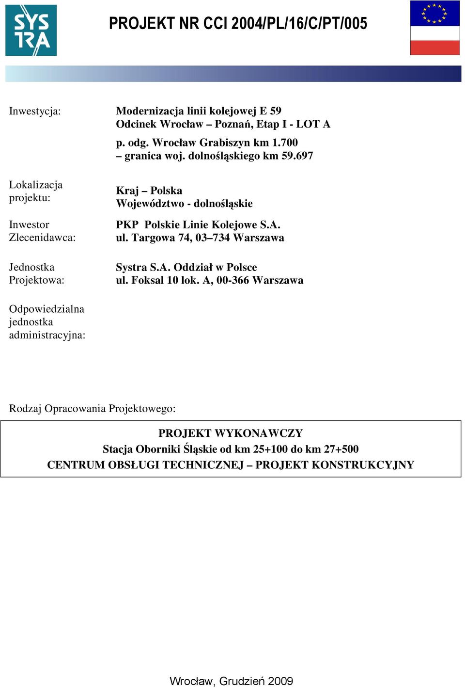 697 Lokalizacja projektu: Inwestor Zlecenidawca: Jednostka Projektowa: Kraj Polska Województwo - dolnośląskie PKP Polskie Linie Kolejowe S.A. ul.