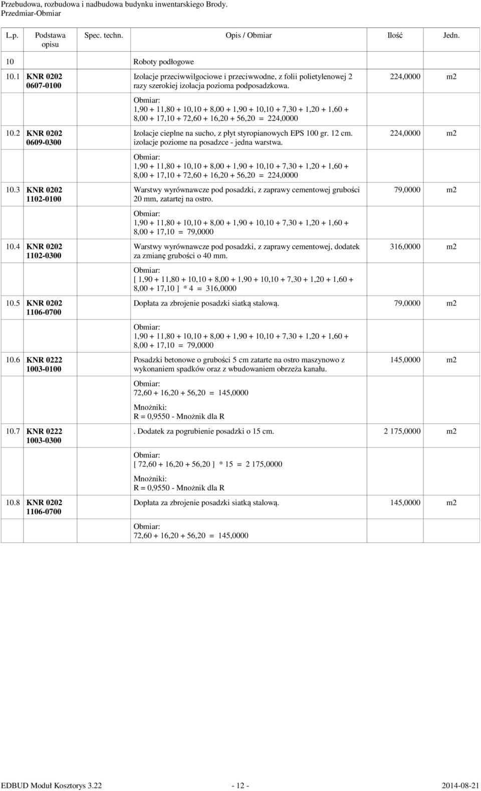 8,00 + 17,10 + 72,60 + 16,20 + 56,20 = 224,0000 Izolacje cieplne na sucho, z płyt styropianowych EPS 100 gr. 12 cm. izolacje poziome na posadzce - jedna warstwa.