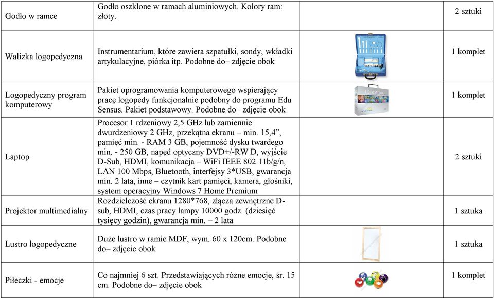 Pakiet podstawowy. Procesor 1 rdzeniowy 2,5 GHz lub zamiennie dwurdzeniowy 2 GHz, przekątna ekranu min. 15,4, pamięć min. - RAM 3 GB, pojemność dysku twardego min.