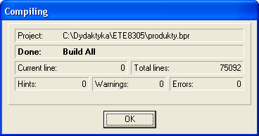 Okno potwierdzające poprawność kompilacji i