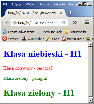 Selektor klasy (1) <head> <style type="text/css"> p.czerwony {color: red } h1.niebieski {color: blue } *.