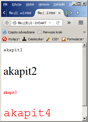 Selektor klasy (3) <head> <style type="text/css">.czcionka {font-family:courier }.kolor {color: red }.