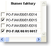 Aby wybrać fakturę do zaksięgowania należy zaznaczyć puste pole obok kolumny "Numer Faktury". Aby zaznaczyć wszystkie faktury do zaksięgowania należy kliknąć przycisk "Zaznacz wszystkie".
