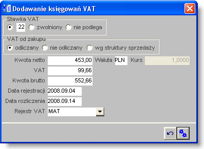Księgowanie faktury zakupu VAT Operacja umożliwia utworzenie pozycji księgowania VAT dla wprowadzonej faktury.