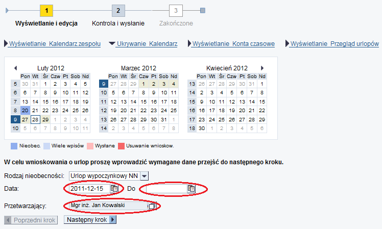 B. Wypełnienie i wysłanie wniosku B.1 Określenie dat Po wciśnięciu przycisku Złóż wniosek wyświetlony zostanie ekran pozwalający zdefiniować okres urlopu.