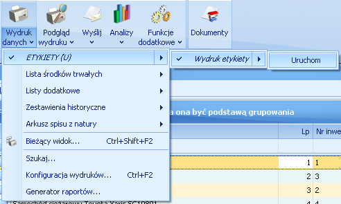 Wydruk etykiet dla środków trwałych i wyposażenia Aby wykonywać inwentaryzacje środków trwałych i wyposażenia za pomocą kolektora danych, niezbędne jest wcześniejsze oklejenie inwentarza za pomocą